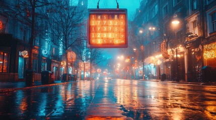 Obraz premium Rainy London street at night, illuminated signage, festive lights, empty road, advertising space.