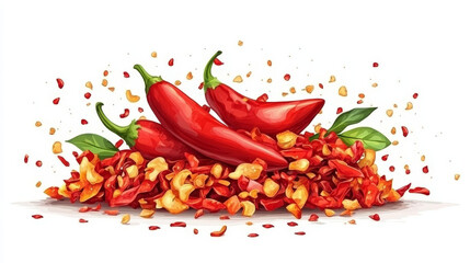 Red chili pepper, hot spicy plant pod, paprika cayenne with green stem vector realistic illustration isolated on white background. Chopped ripe vegetable with shadow