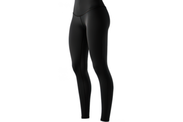 Blank black leggings template. Full-length stretch leggings for activewear or casual outfits. Transparent background.