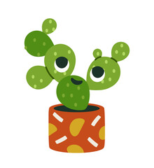Fototapeta premium Cartoon-style green cactus with expressive eyes in a colorful red pot decorated with abstract patterns, on a white background. Concept of cheerful plants. Vector illustration