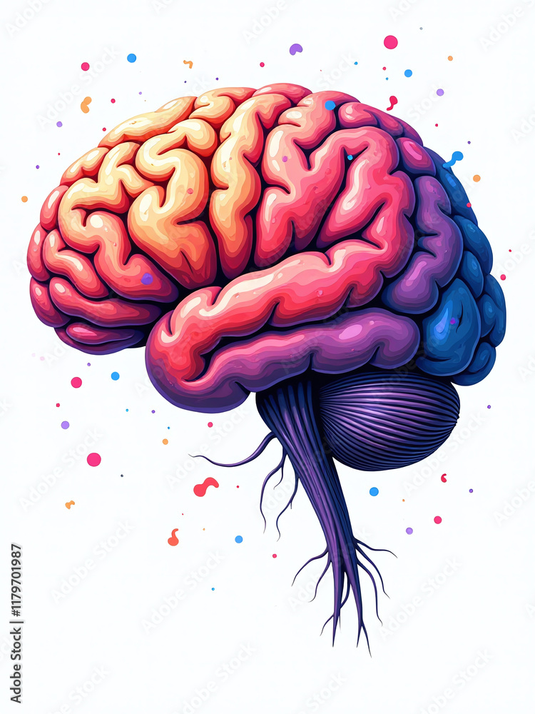 Poster A Colorful Illustration Of A Human Brain Is Painted On A White Background Using Artificial Intelligence Generative Technology. 00001