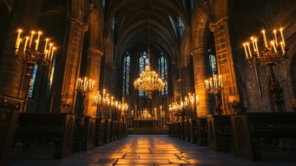 Fototapeta premium A grand candelabra with tall candles in a stone chapel their light casting shadows on columns
