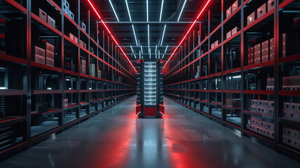 Inside a futuristic urban warehouse, robotic pickers swiftly retrieve items from vertical storage racks, ensuring fast and efficient shipments to customers.