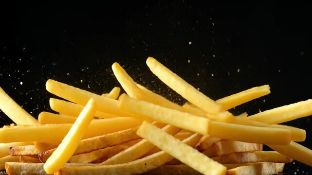 Falling French Fry on Black Background - Slow Motion Snack Drop Animation