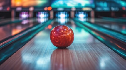 Vibrant Bowling Alley Scene with Illuminated Lanes and Red Bowling Ball in Focus Offering Ample Space for Text and Promotions