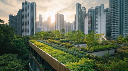 Obraz premium Lush greenery on a rooftop garden, nestled among towering skyscrapers, offers a sustainable, vibrant contrast to the surrounding urban landscape.