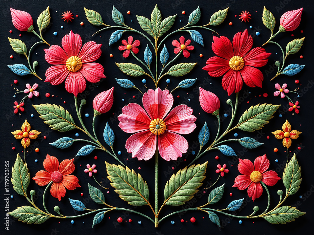 Poster A Colorful Embroidered Textile Pattern Featuring Flowers In Intricate Design On A Simple Black Background. 00003