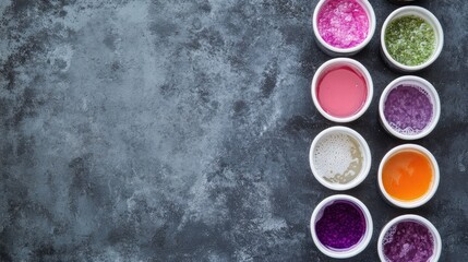 Assorted tasting samples of colorful sparkling wines in bowls with empty space for creative text or branding on textured background