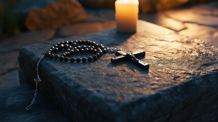A black wooden rosary with a silver crucifix on a stone altar casting shadows from nearby candles