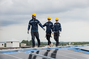 Professional Engineer Service Solar Panel. Worker Maintenance Cleaning Replacing Solar Panel.