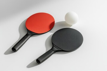 Two ping pong paddles and a ball are placed on a white background featuring one red paddle and one black