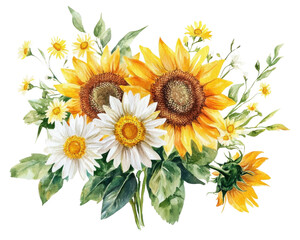 A vibrant bouquet of sunflowers and daisies on a white isolated background. © kitidach