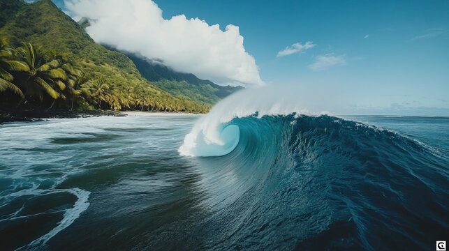 A Sea water wave. powerful teahupoo wave, famous for surfing, looms with crystal blue waters and frothy white spray