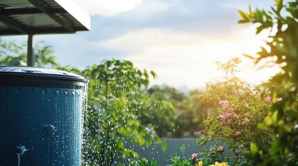 A blue water tank is dripping water in the rain