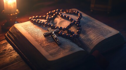 A large wooden rosary on an open Bible illuminated by the golden light of the setting sun