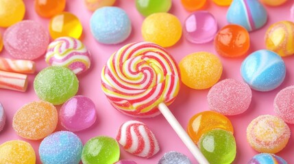 Colorful Assortment of Sugary Sweets including Lollipops and Jellies on a Pink Background