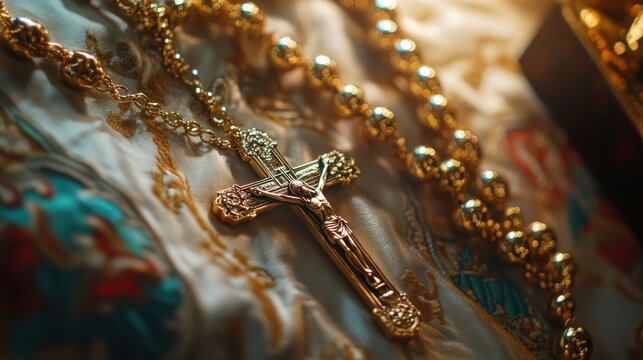 A gold rosary on silk sunlight casting colorful reflections across the surface of the beads - Powered by Adobe