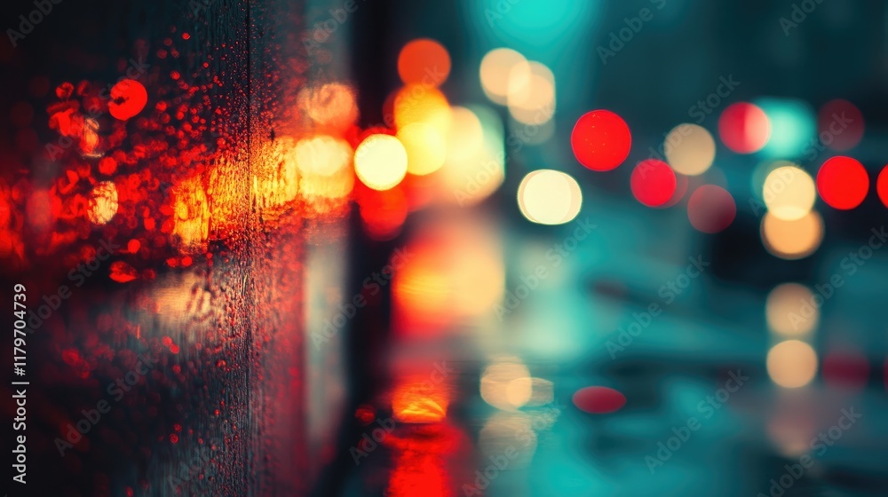 Poster abstract bokeh background with vibrant red and warm lights reflecting on wet surfaces creating a dre