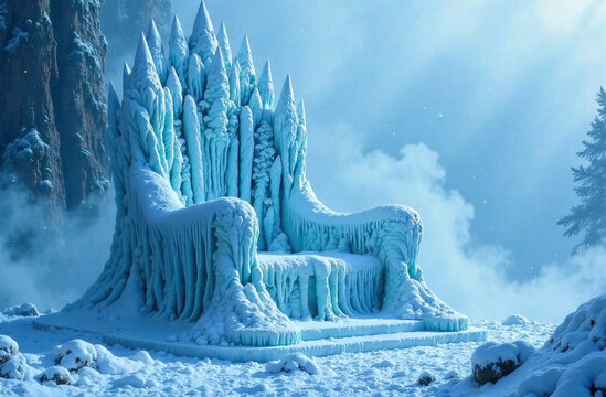 Fantasy winter scene with blue ice sculpture throne in snowy mountains. 3D rendering.