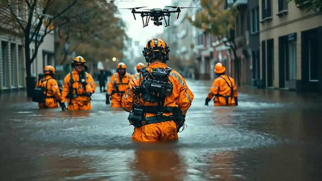 Rescue workers in orange suits navigate a flooded street, using a drone for assistance.