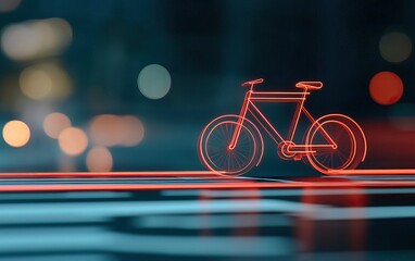 Fototapeta premium A glowing bicycle silhouette is captured against a blurred background, showcasing a vibrant urban night scene with colorful lights.