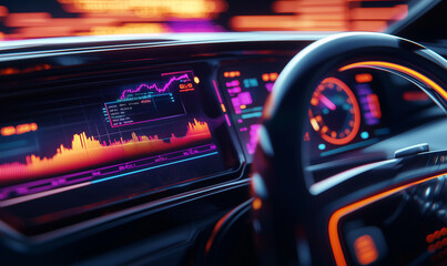 A futuristic car dashboard displays vibrant digital data and graphs, showcasing advanced technology and analytics.