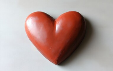 A clay heart, sculpted in deep red, resting on a light gray background