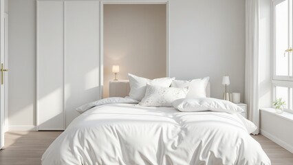 A serene retreat: crisp white bedding, plush pillows, and natural wood tones create a peaceful ambiance in this bright and airy bedroom