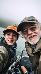 Fototapeta premium Happy Grandfather and Grandson Enjoying Fishing Trip