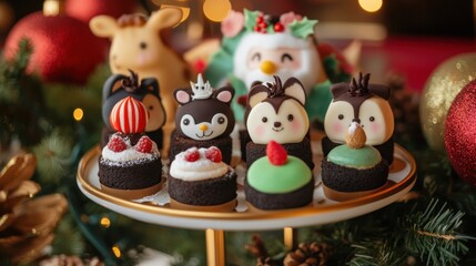 Playfully designed animal-themed desserts sit on a festive platter, surrounded by holiday decor, making the perfect whimsical treat for celebrations.