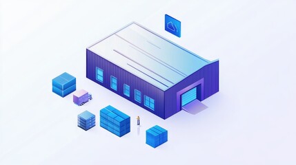 Fototapeta premium Isometric illustration of a warehouse with cloud computing icon, showcasing storage, logistics, and efficiency.