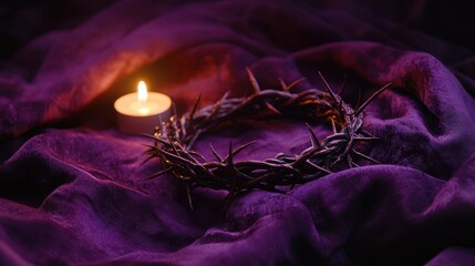 A twisted crown of thorns on purple velvet illuminated by soft candlelight and creating deep shadows