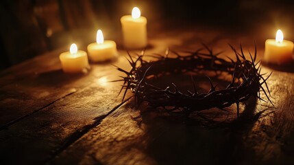 A crown of thorns on a wooden altar casting shadows onto the rough wood with soft candlelight