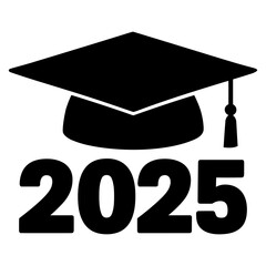 Graduation year 2025 icon of a graduate cap, vector black silhouette illustration, isolated on white background