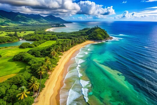 Kauai Kapaa Beach Aerial Drone View: Turquoise Waters & Golden Sands
