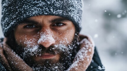 Bearded man in snowy environment wearing textile mask highlighting mask texture and facial details with snowflakes falling around