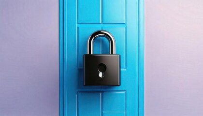 A vibrant blue door features a sturdy black padlock, symbolizing security and protection against intrusions.