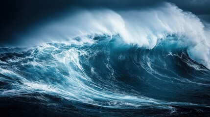 Fototapeta premium A Sea water wave. powerful teahupoo wave, famous for surfing, looms with crystal blue waters and frothy white spray