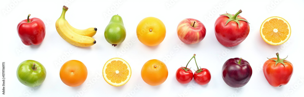 Poster a collection of colorful fruits is arranged in alphabetical order against a plain white background f