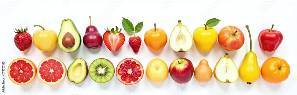 Poster a collection of colorful fruits is arranged in alphabetical order against a plain white background f