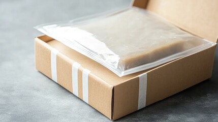 Cardboard Package with Sealer Stripes and Clear Freezer Bag on Gray Surface for Food Storage and Organization