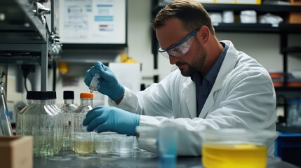 A man in a lab coat is working with various bottles and beakers