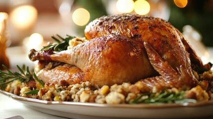 Close up of a perfectly roasted turkey garnished with herbs and served on a bed of savory stuffing for a festive holiday meal