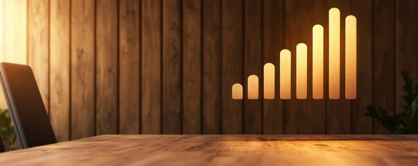 business trends data analysis graph concept. A warm, wooden workspace featuring an ascending bar chart illuminated on the wall, symbolizing growth and success.