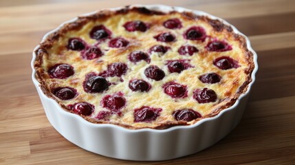 Delicious homemade clafoutis featuring fresh cherries in a golden baked custard dessert served in a round ceramic dish.