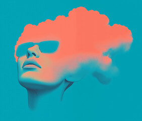 Simple Drawing of a Sad Woman Peeking Out from a Cloud