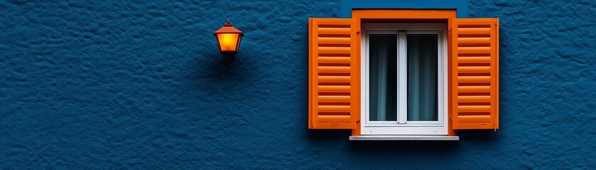 Mediterranean Charm: Orange shutters and a warm lamp against a deep blue wall 