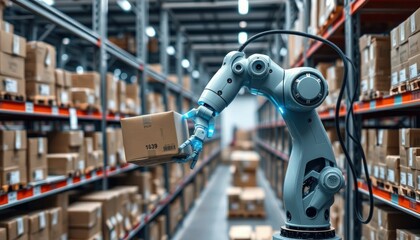 Automated Warehouse: Robotic Arm Handling Package in Modern Logistics