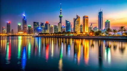 Fototapeta premium Kuwait City Waterfront Night Panoramic - Cinematic 4K Slow Panning Shot