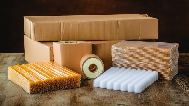 Cardboard boxes packing materials with tape and cushioning foam for shipping and storage solutions on wooden background